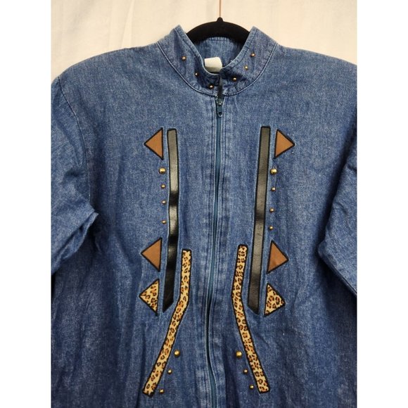 Denim Jacket Vtg Womens Sz S Faux Leather & Animal Print Applique Studs Zip Up - Picture 4 of 9